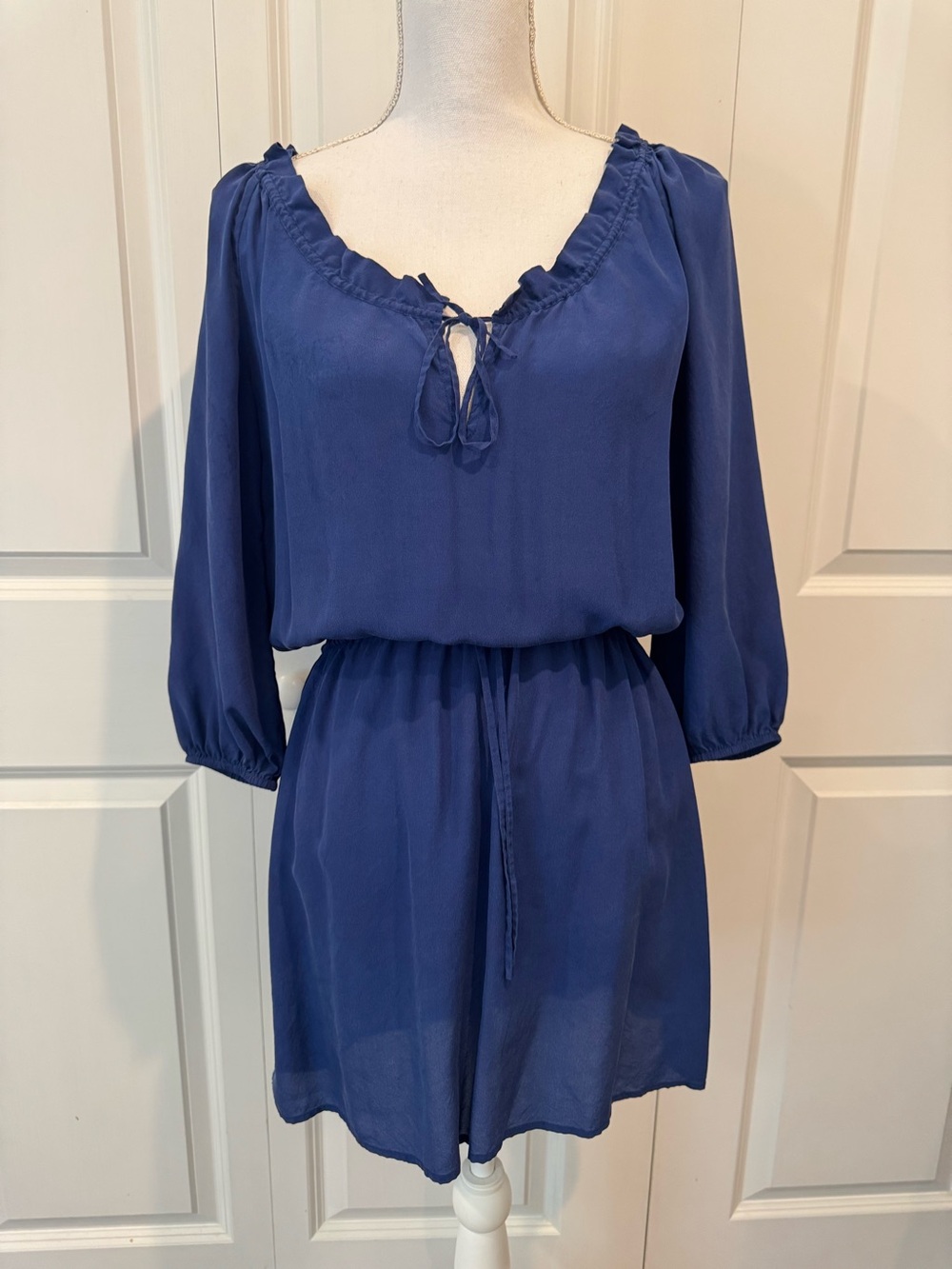 J. Crew Blue Ruffle Neck Peasant Dress XS Minidress 3/4 Sleeve Drawstring